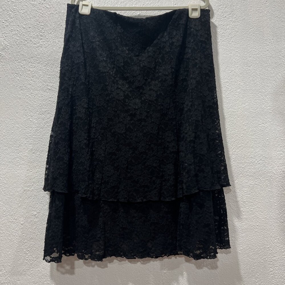 CABI BLACK LACE TIERED MIDI SKIRT WOMENS SIZE XL FLARED‎